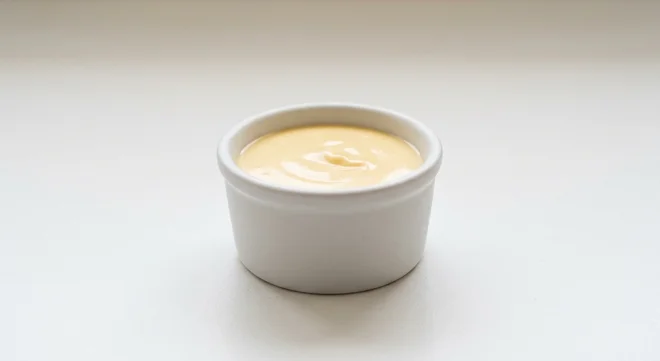Wetherspoon Emmental Cheese Sauce, smooth cheese sauce in a white ramekin, nutrition and calories