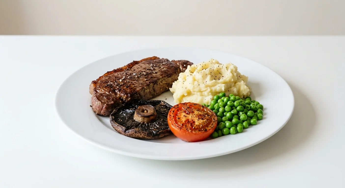 Wetherspoon 8oz Sirloin Steak with Mashed Potato, 8oz sirloin steak with mashed potato, mushroom, tomato and peas on a white plate, nutrition and calories