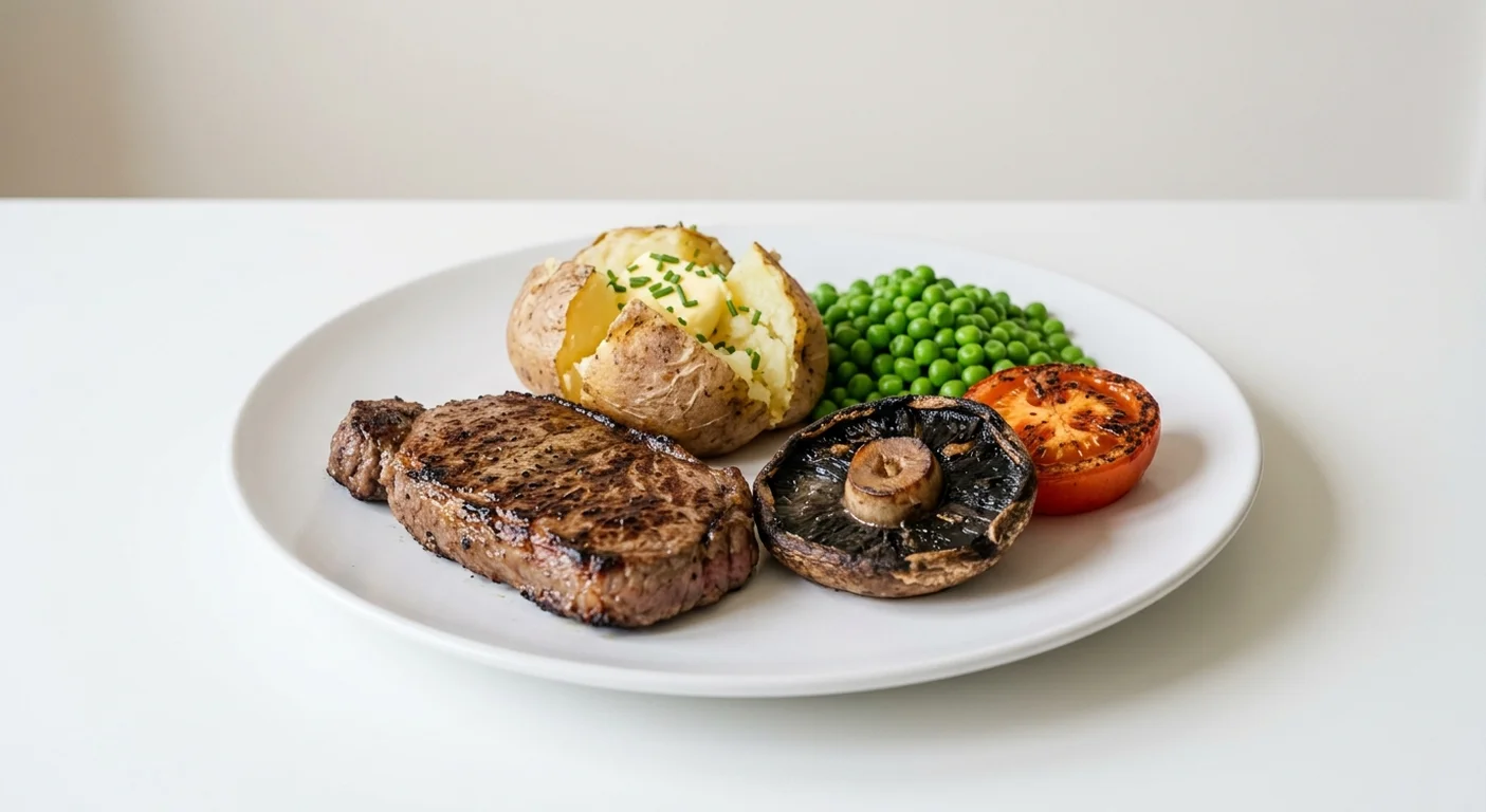 Wetherspoon 8oz Sirloin Steak with Jacket Potato, 8oz sirloin steak with jacket potato, mushroom, tomato and peas on a white plate, nutrition and calories