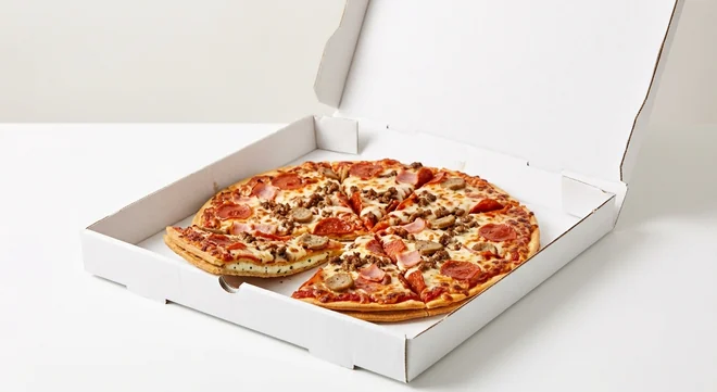 Domino's Meatzza (Double Decadence), whole Double Decadence pizza with pepperoni, ham, beef and sausage in a takeaway pizza box, nutrition and calories