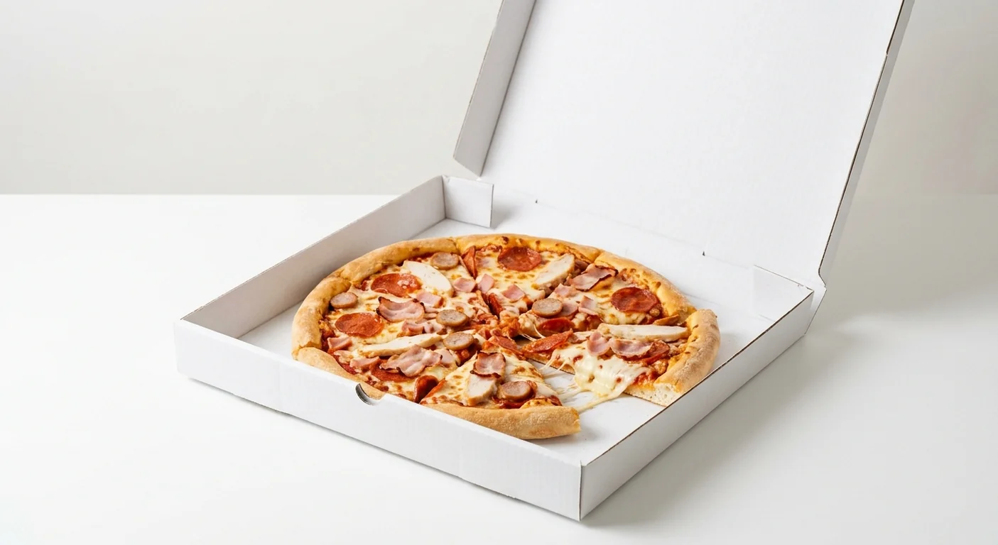 Domino's Meatilicious (Stuffed Crust), whole Stuffed Crust pizza with pepperoni, bacon, ham and sausage in a takeaway pizza box, nutrition and calories