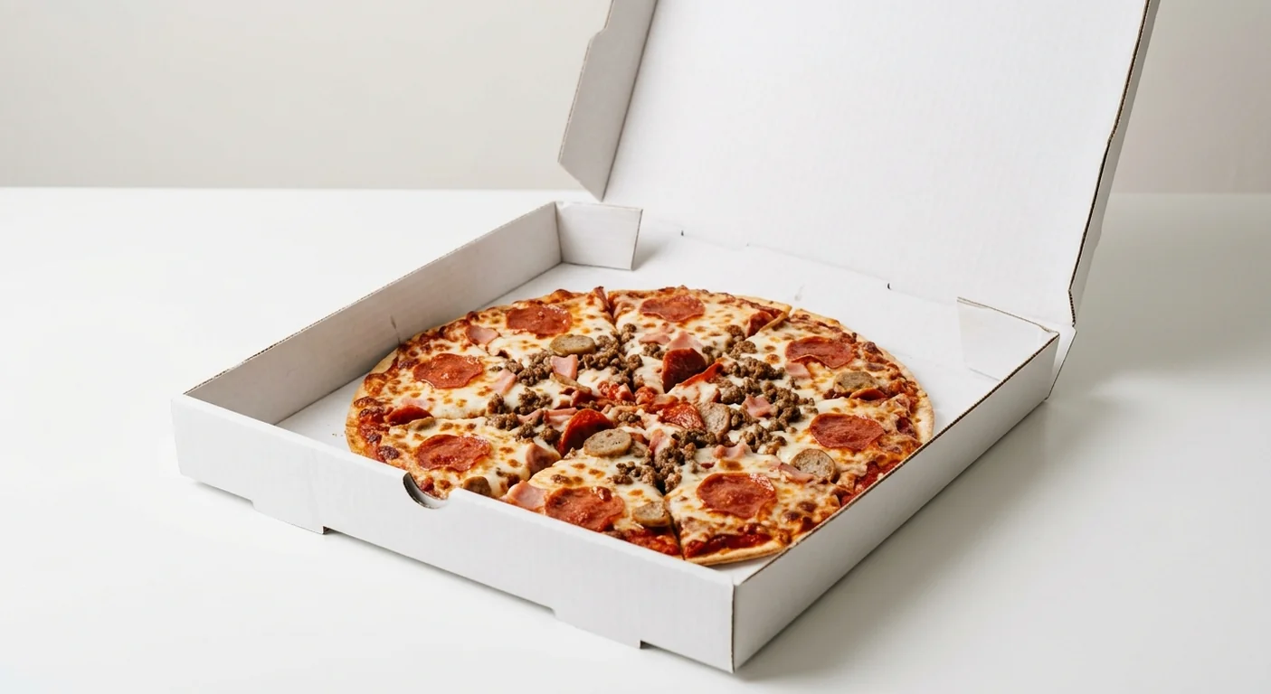 Domino's Meatzza (Thin & Crispy), whole Thin & Crispy pizza with pepperoni, ham, beef and sausage in a takeaway pizza box, nutrition and calories