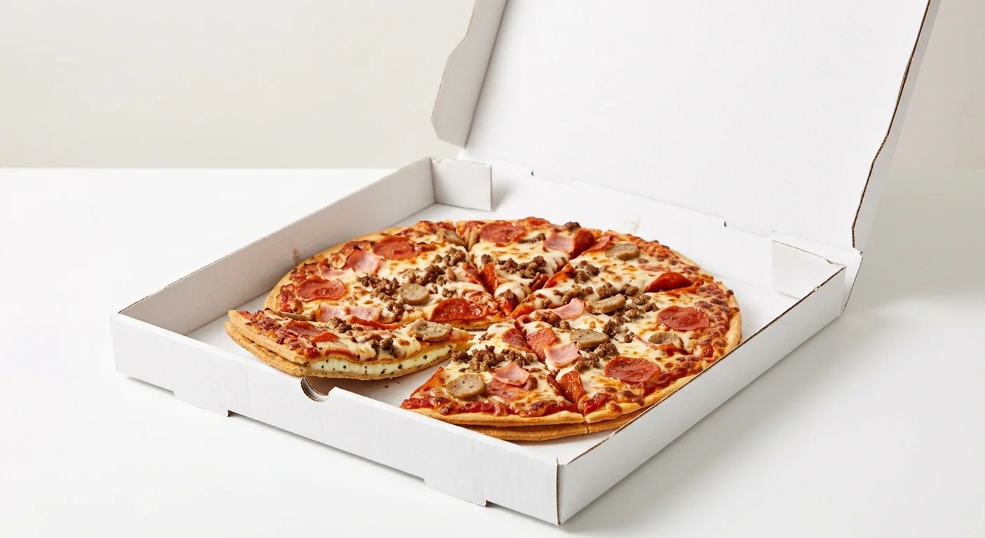 Domino's Meatzza (Double Decadence), whole Double Decadence pizza with pepperoni, ham, beef and sausage in a takeaway pizza box, nutrition and calories
