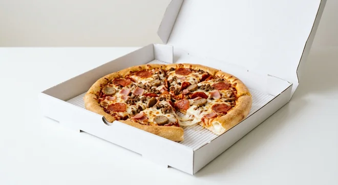Domino's Meatzza (Stuffed Crust), whole Stuffed Crust pizza with pepperoni, ham, beef and sausage in a takeaway pizza box, nutrition and calories