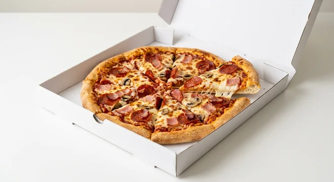 Domino's New Yorker (Stuffed Crust), whole Stuffed Crust pizza with pepperoni, bacon, ham and mushrooms in a takeaway pizza box, nutrition and calories