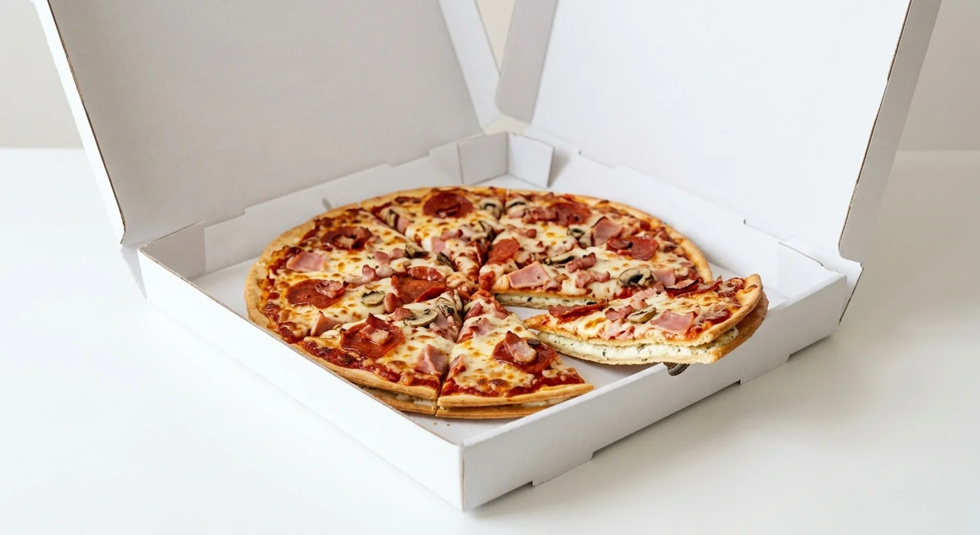 Domino's New Yorker (Double Decadence), whole Double Decadence pizza with pepperoni, bacon, ham and mushrooms in a takeaway pizza box, nutrition and calories