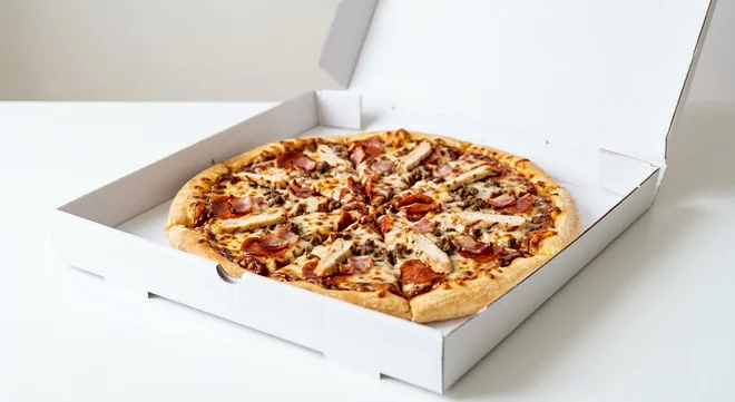 Domino's Ranch BBQ (Classic Crust), whole Classic Crust pizza with BBQ sauce, chicken, pepperoni, bacon and beef in a takeaway pizza box, nutrition and calories