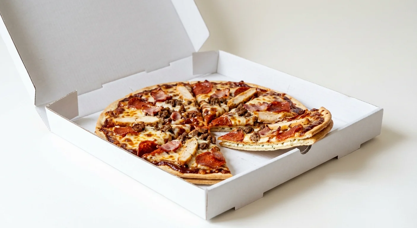 Domino's Ranch BBQ (Double Decadence), whole Double Decadence pizza with BBQ sauce, chicken, pepperoni, bacon and beef in a takeaway pizza box, nutrition and calories