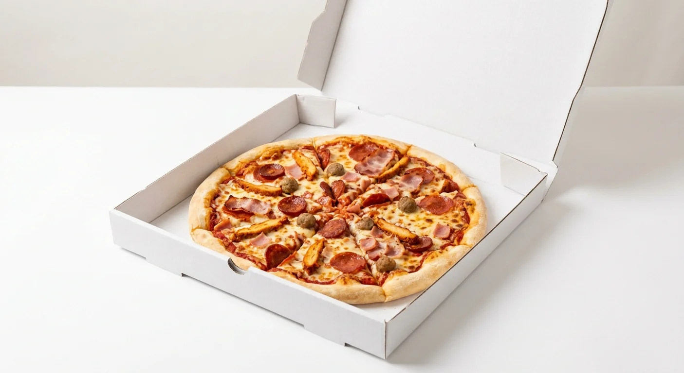 Domino's Scrummy (Classic Crust), whole Classic Crust pizza with pepperoni, chorizo, bacon and ham in a takeaway pizza box, nutrition and calories