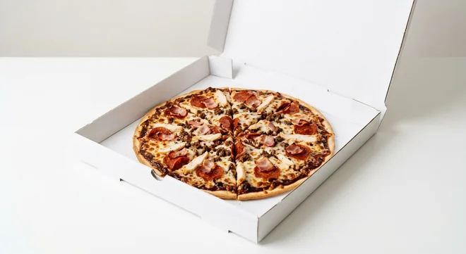 Domino's Ranch BBQ (Thin & Crispy), whole Thin & Crispy pizza with BBQ sauce, chicken, pepperoni, bacon and beef in a takeaway pizza box, nutrition and calories