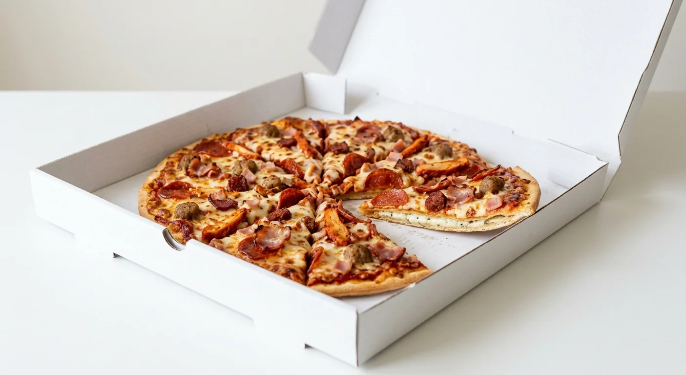 Domino's Scrummy (Double Decadence), whole Double Decadence pizza with pepperoni, chorizo, bacon and ham in a takeaway pizza box, nutrition and calories