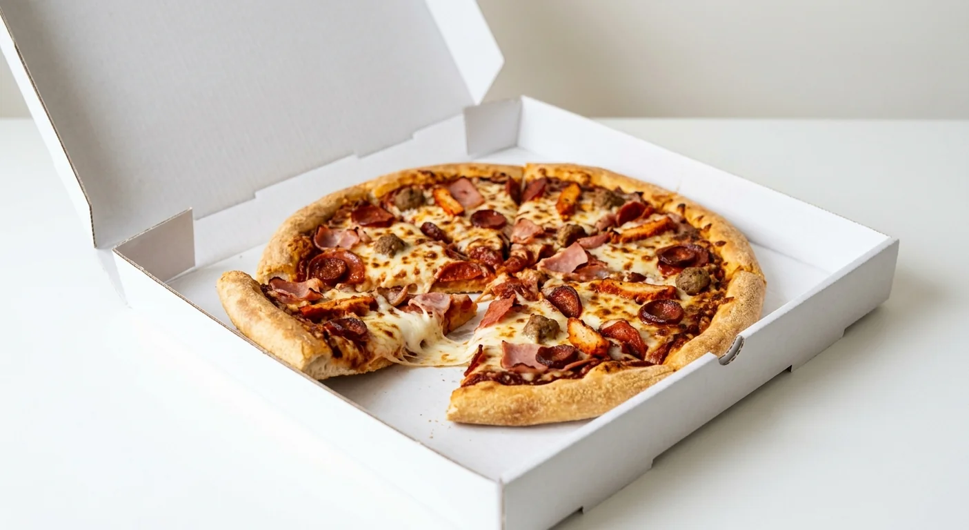 Domino's Scrummy (Stuffed Crust), whole Stuffed Crust pizza with pepperoni, chorizo, bacon and ham in a takeaway pizza box, nutrition and calories