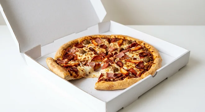 Domino's Scrummy (Stuffed Crust), whole Stuffed Crust pizza with pepperoni, chorizo, bacon and ham in a takeaway pizza box, nutrition and calories