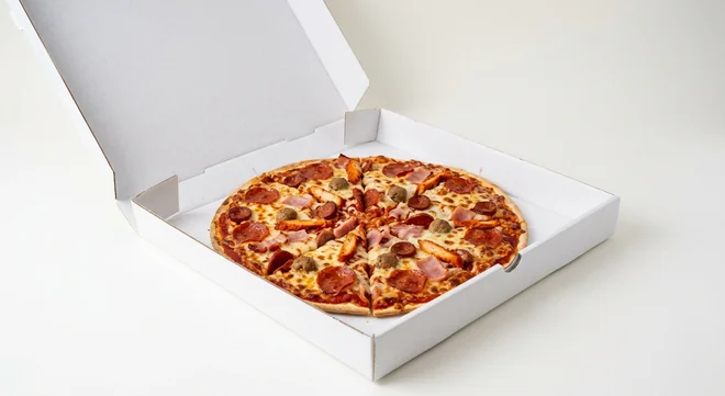 Domino's Scrummy (Thin & Crispy), whole Thin & Crispy pizza with pepperoni, chorizo, bacon and ham in a takeaway pizza box, nutrition and calories