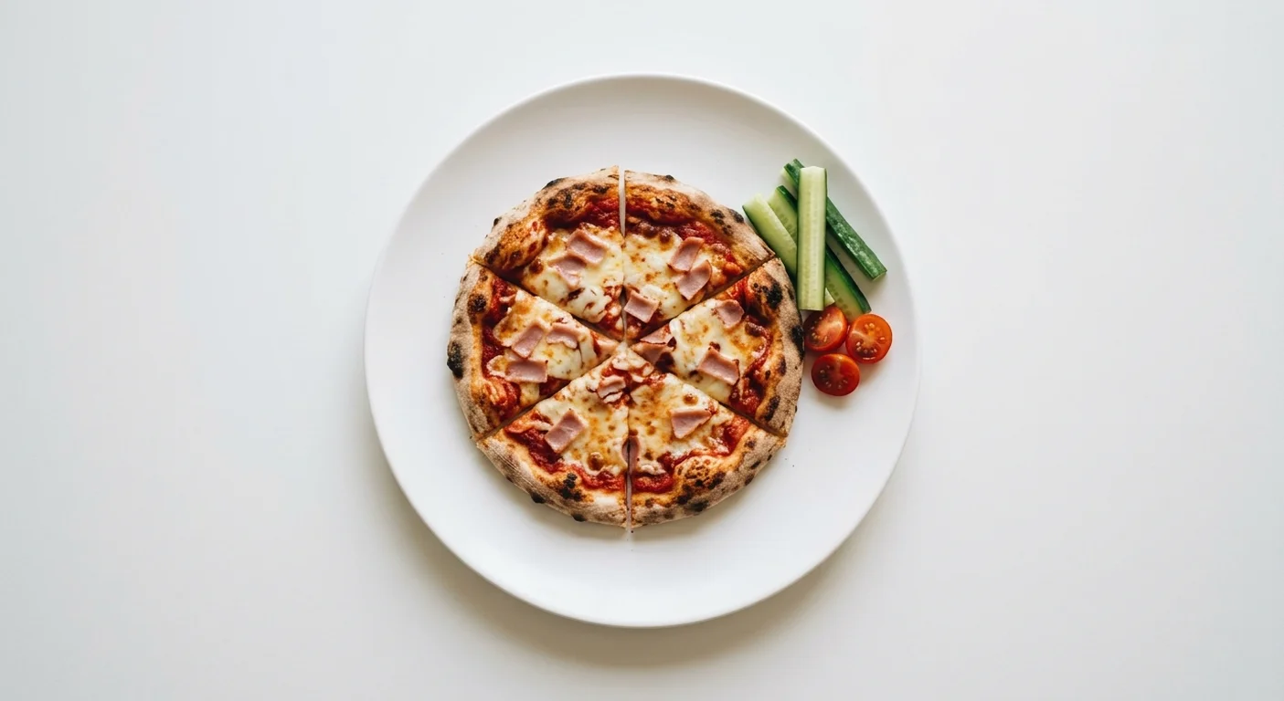 Wetherspoon Children's Ham and Cheese Pizza, small ham and cheese pizza, with cucumber sticks and cherry tomatoes on a white plate, nutrition and calories