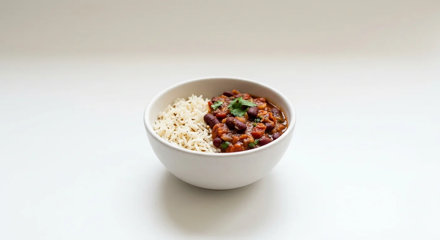 Wetherspoon Children's Chilli Bean Non-Carne, chilli bean non-carne with spicy rice in a white bowl, nutrition and calories