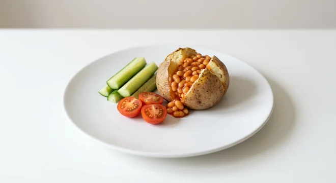 Wetherspoon Children's Jacket Potato with Baked Beans, jacket potato with baked beans, with cucumber sticks and cherry tomatoes on a white plate, nutrition and calories