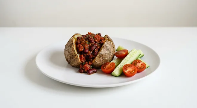 Wetherspoon Children's Jacket Potato with Chilli Bean Non-Carne, jacket potato with chilli bean non-carne, with cucumber sticks and cherry tomatoes on a white plate, nutrition and calories