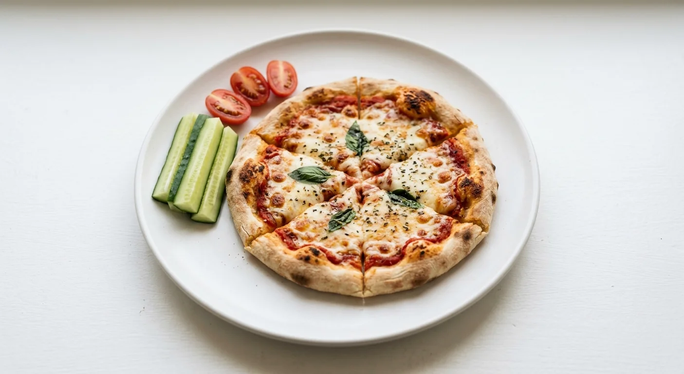 Wetherspoon Children's Margherita Pizza, small margherita pizza, with cucumber sticks and cherry tomatoes on a white plate, nutrition and calories