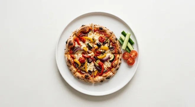 Wetherspoon Children's Mediterranean Vegetable Pizza, small Mediterranean vegetable pizza, with cucumber sticks and cherry tomatoes on a white plate, nutrition and calories