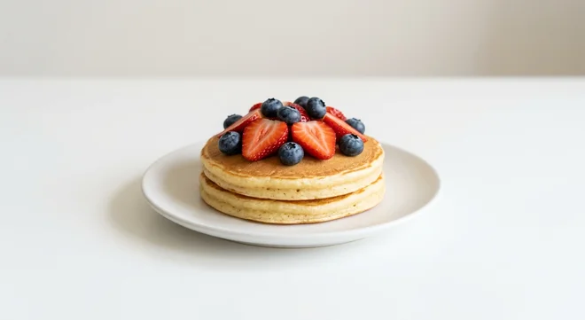 Wetherspoon Children's Pancakes, two American-style pancakes with strawberries and blueberries on a white plate, nutrition and calories