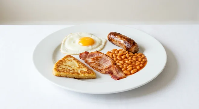 Wetherspoon Children's Scottish Breakfast, fried egg, bacon, sausage, baked beans and tattie scone on a white plate, nutrition and calories