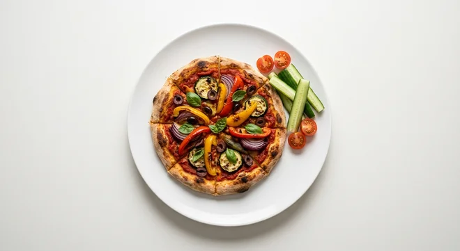 Wetherspoon Children's Vegan Mediterranean Vegetable Pizza, small vegan Mediterranean vegetable pizza with no cheese, with cucumber sticks and cherry tomatoes on a white plate, nutrition and calories