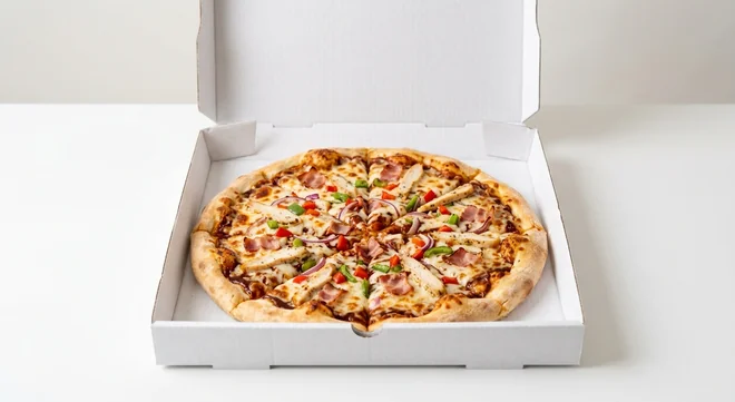 Domino's Texas BBQ (Classic Crust), whole Classic Crust pizza with BBQ sauce, bacon, chicken and red onion in a takeaway pizza box, nutrition and calories