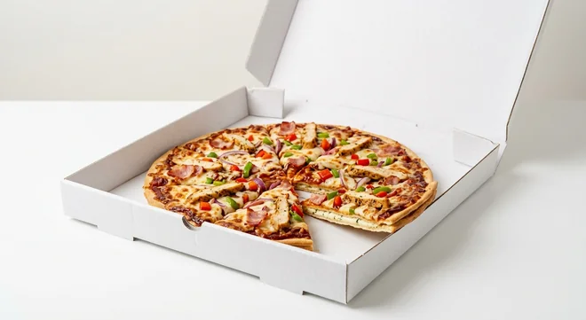 Domino's Texas BBQ (Double Decadence), whole Double Decadence pizza with BBQ sauce, bacon, chicken and red onion in a takeaway pizza box, nutrition and calories