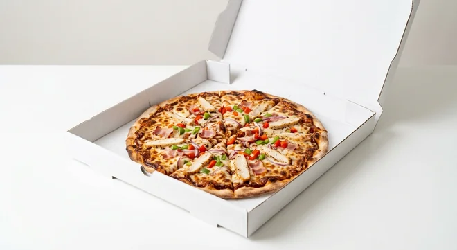 Domino's Texas BBQ (Italian Style Crust), whole Italian Style pizza with BBQ sauce, bacon, chicken and red onion in a takeaway pizza box, nutrition and calories