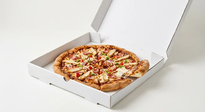 Domino's Texas BBQ (Stuffed Crust), whole Stuffed Crust pizza with BBQ sauce, bacon, chicken and red onion in a takeaway pizza box, nutrition and calories