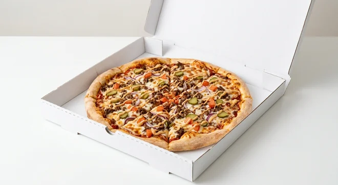 Domino's The Cheeseburger (Classic Crust), whole Classic Crust pizza with beef, red onion, tomato and gherkins in a takeaway pizza box, nutrition and calories