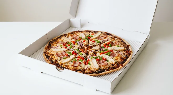 Domino's Texas BBQ (Thin & Crispy), whole Thin & Crispy pizza with BBQ sauce, bacon, chicken and red onion in a takeaway pizza box, nutrition and calories