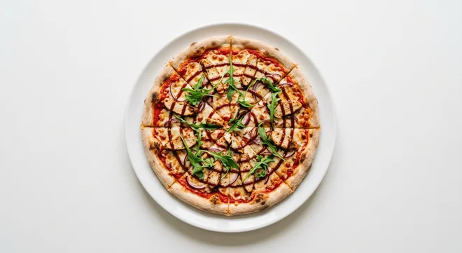 Wetherspoon BBQ Chicken Pizza (11"), sliced BBQ chicken pizza with red onion and rocket on a white plate, nutrition and calories
