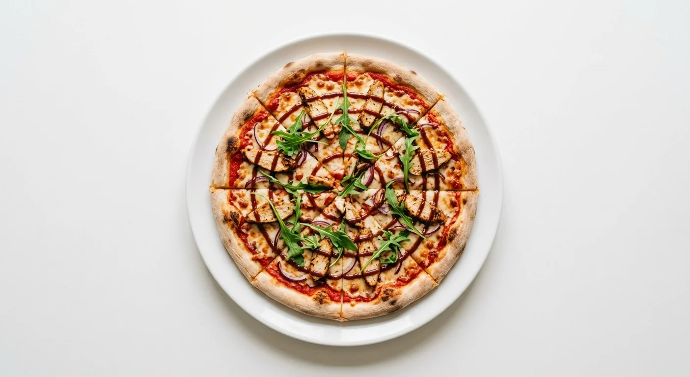 Wetherspoon BBQ Chicken Pizza (8"), sliced BBQ chicken pizza with red onion and rocket on a white plate, nutrition and calories