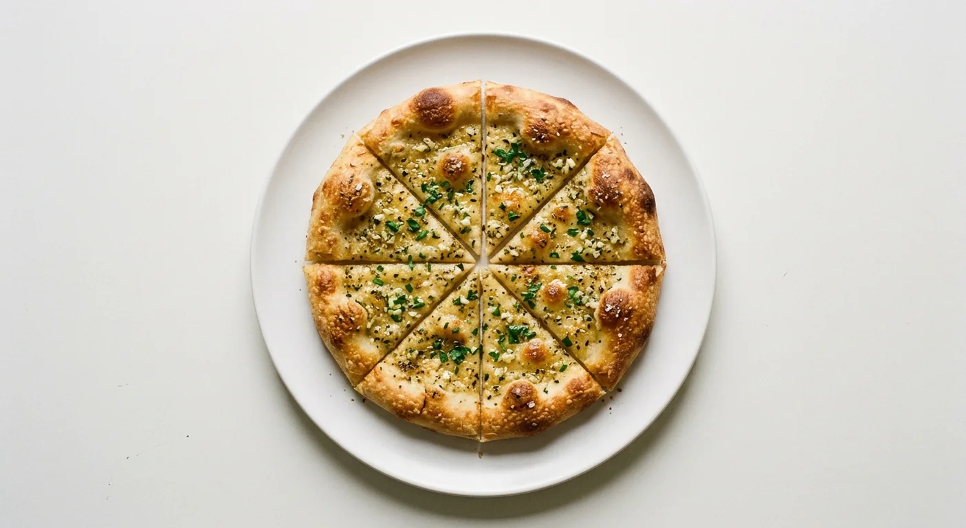 Wetherspoon Garlic Pizza Bread (11"), sliced garlic pizza bread on a white plate, nutrition and calories