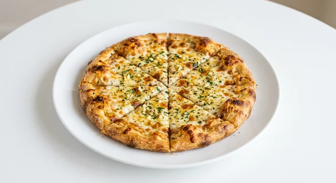 Wetherspoon Garlic Pizza Bread with Cheese (11"), sliced garlic pizza bread with melted mozzarella on a white plate, nutrition and calories