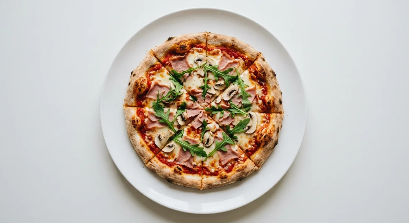 Wetherspoon Ham and Mushroom Pizza (8"), sliced ham and mushroom pizza with rocket on a white plate, nutrition and calories