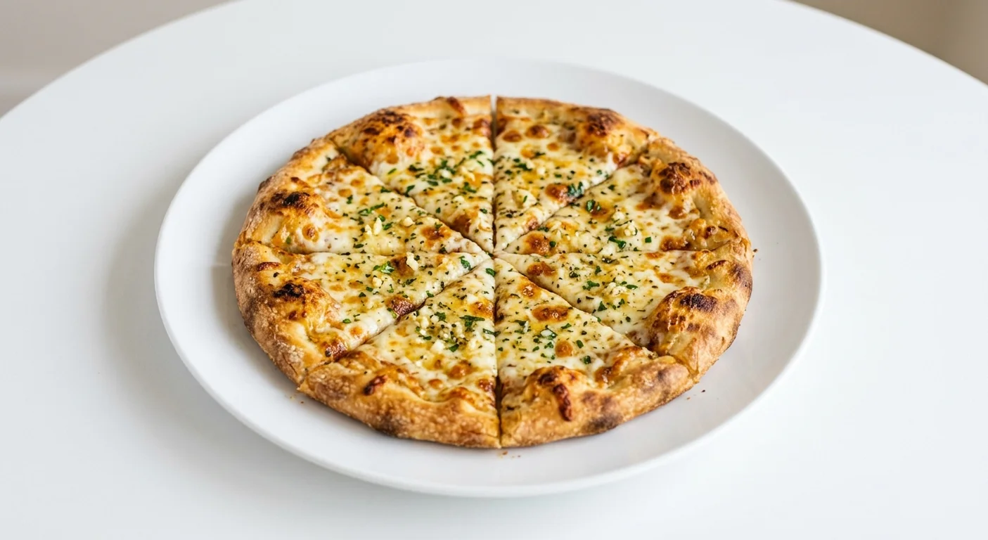 Wetherspoon Garlic Pizza Bread with Cheese (8"), sliced garlic pizza bread with melted mozzarella on a white plate, nutrition and calories
