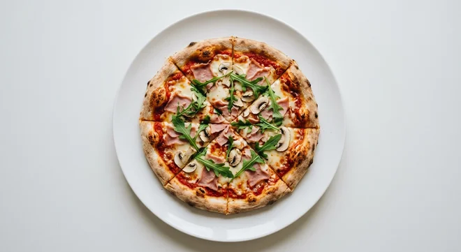 Wetherspoon Ham and Mushroom Pizza (11"), sliced ham and mushroom pizza with rocket on a white plate, nutrition and calories