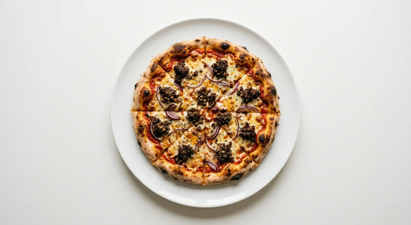 Wetherspoon Haggis Pizza (8"), sliced haggis pizza with mozzarella and red onion on a white plate, nutrition and calories