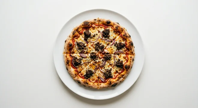 Wetherspoon Haggis Pizza (8"), sliced haggis pizza with mozzarella and red onion on a white plate, nutrition and calories