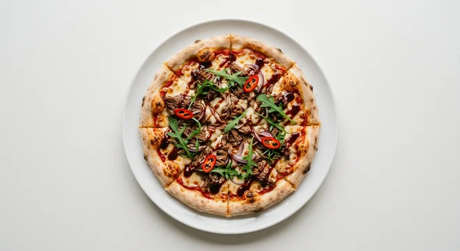 Wetherspoon Korean BBQ Beef Pizza (8"), sliced Korean BBQ beef pizza with red onion, chilli and rocket on a white plate, nutrition and calories