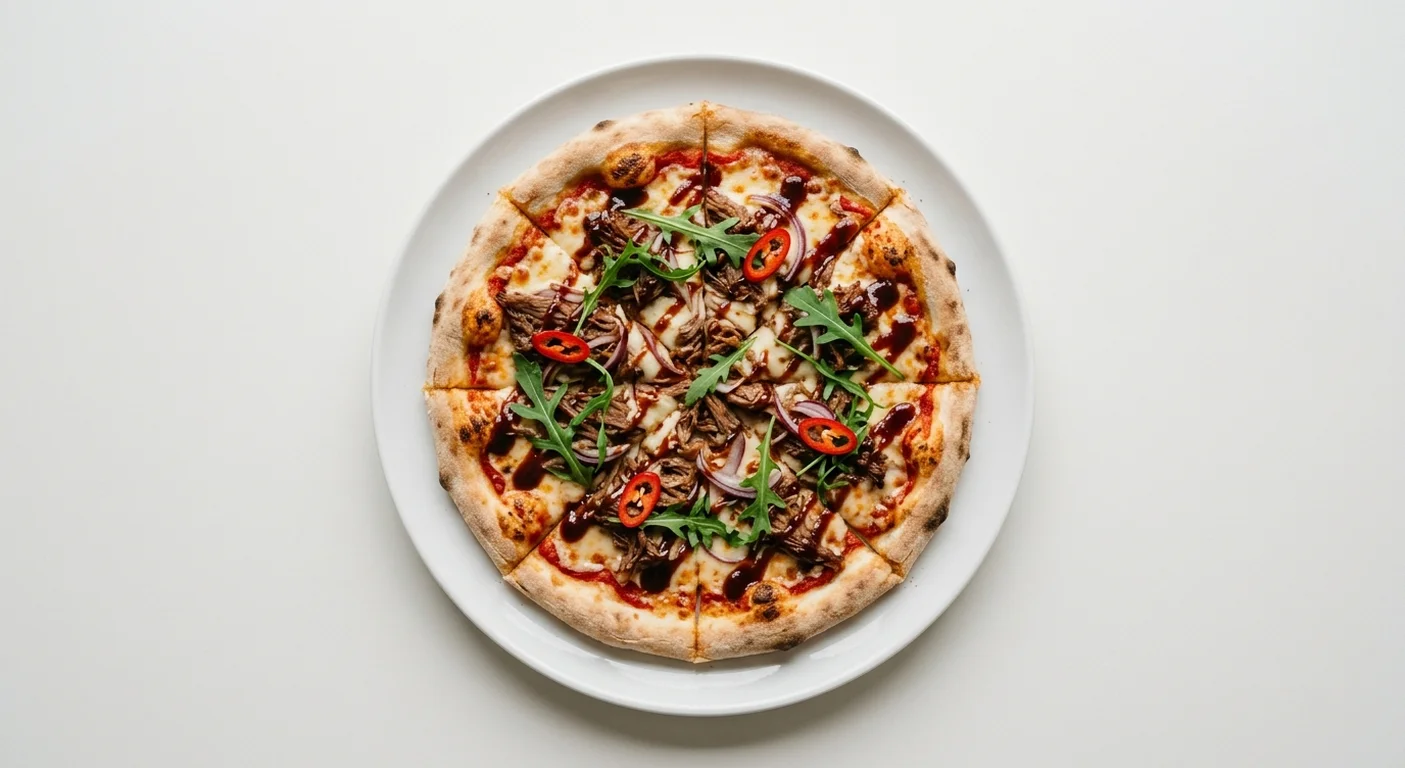 Wetherspoon Korean BBQ Beef Pizza (8"), sliced Korean BBQ beef pizza with red onion, chilli and rocket on a white plate, nutrition and calories