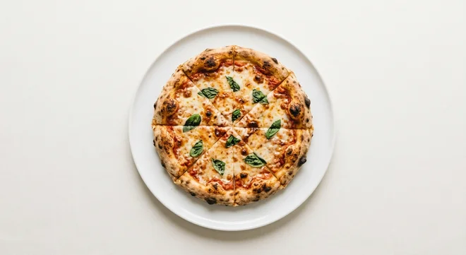 Wetherspoon Margherita Pizza (8"), sliced margherita pizza with mozzarella and basil on a white plate, nutrition and calories
