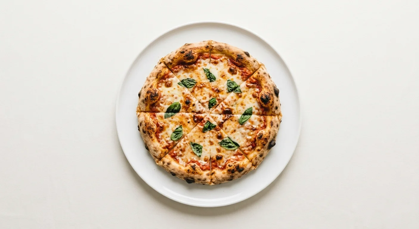 Wetherspoon Margherita Pizza (8"), sliced margherita pizza with mozzarella and basil on a white plate, nutrition and calories