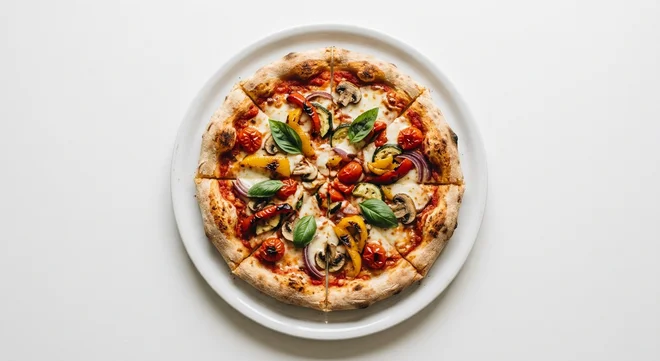 Wetherspoon Mediterranean Vegetable Pizza (11"), sliced Mediterranean vegetable pizza with mozzarella on a white plate, nutrition and calories