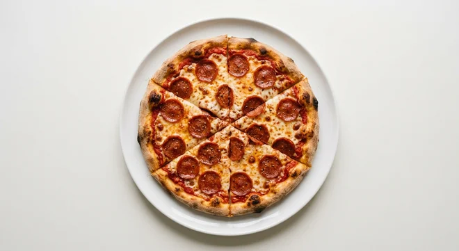 Wetherspoon Pepperoni Pizza (8"), sliced pepperoni pizza with mozzarella on a white plate, nutrition and calories