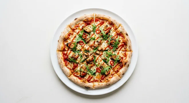 Wetherspoon Spicy Chicken Pizza (11"), sliced spicy chicken pizza with chilli sauce and rocket on a white plate, nutrition and calories
