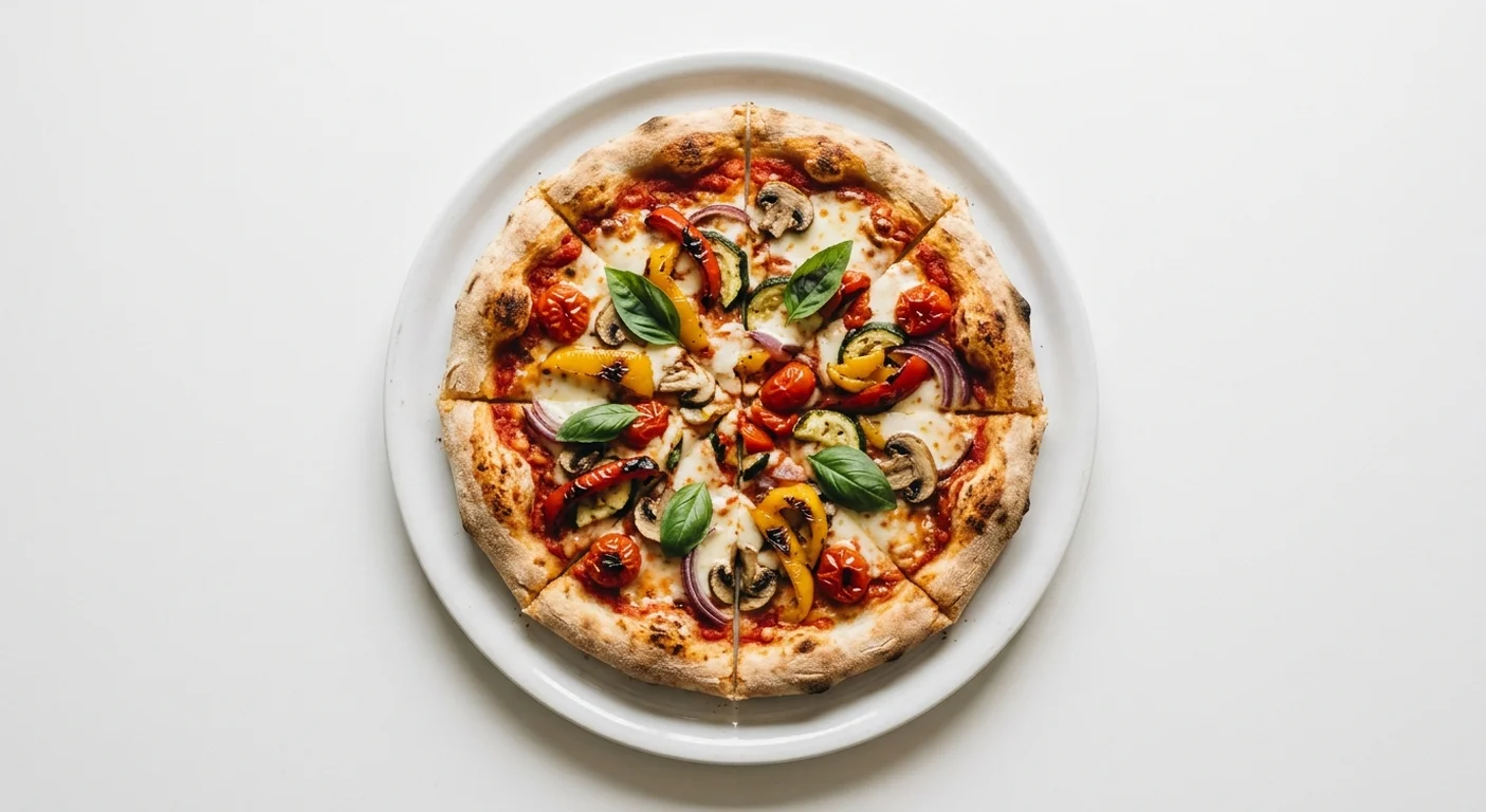 Wetherspoon Mediterranean Vegetable Pizza (8"), sliced Mediterranean vegetable pizza with mozzarella on a white plate, nutrition and calories